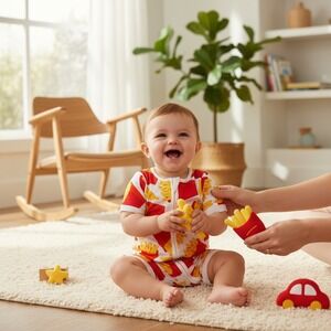 NWT Bamboo French Fry Print Romper Short Sleeve Zip Up One Piece Red Yellow Kids